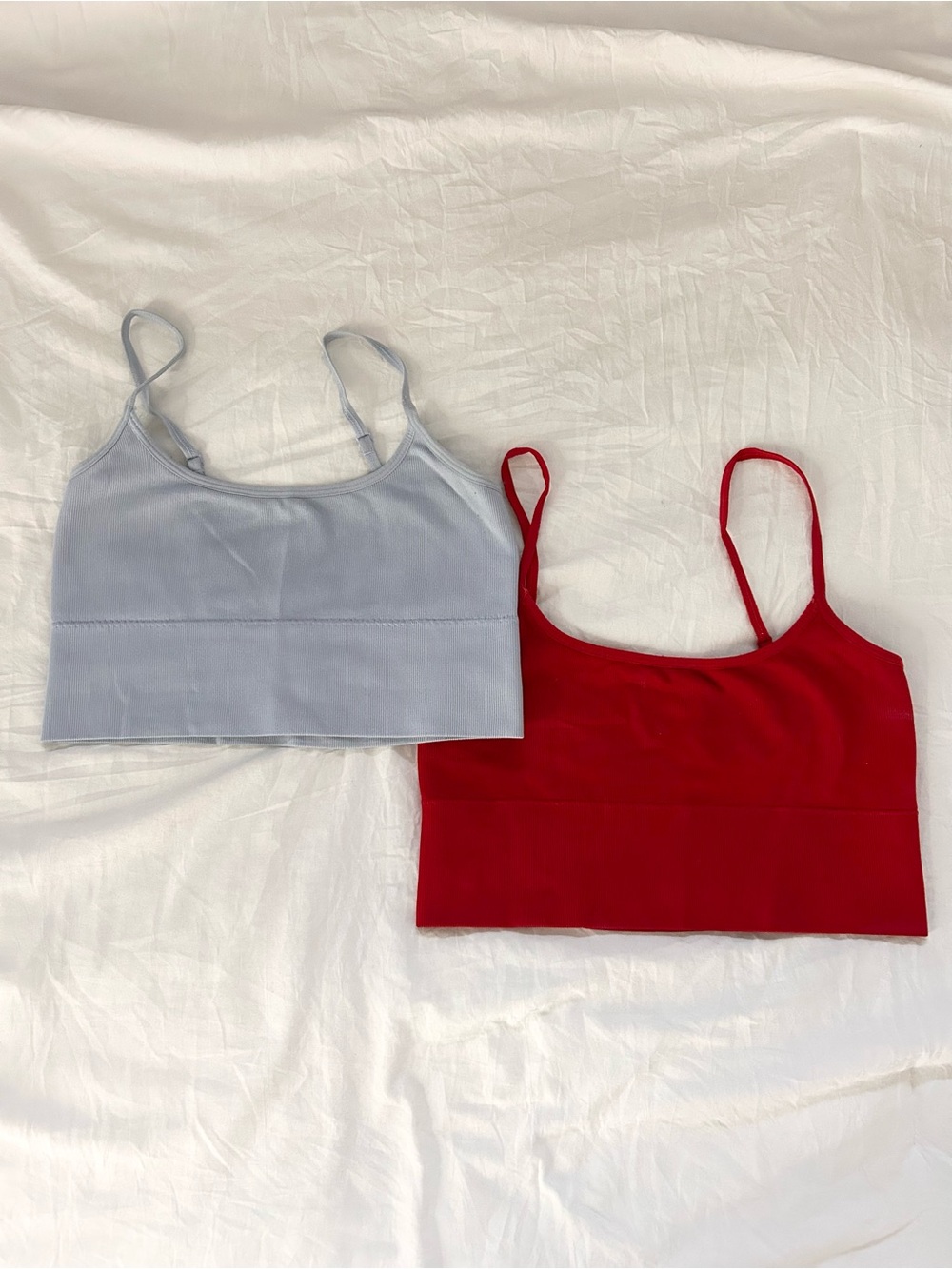 Set of Two Ribbed Garage Cropped Cami Scoop Back Tops - Light Blue & Red